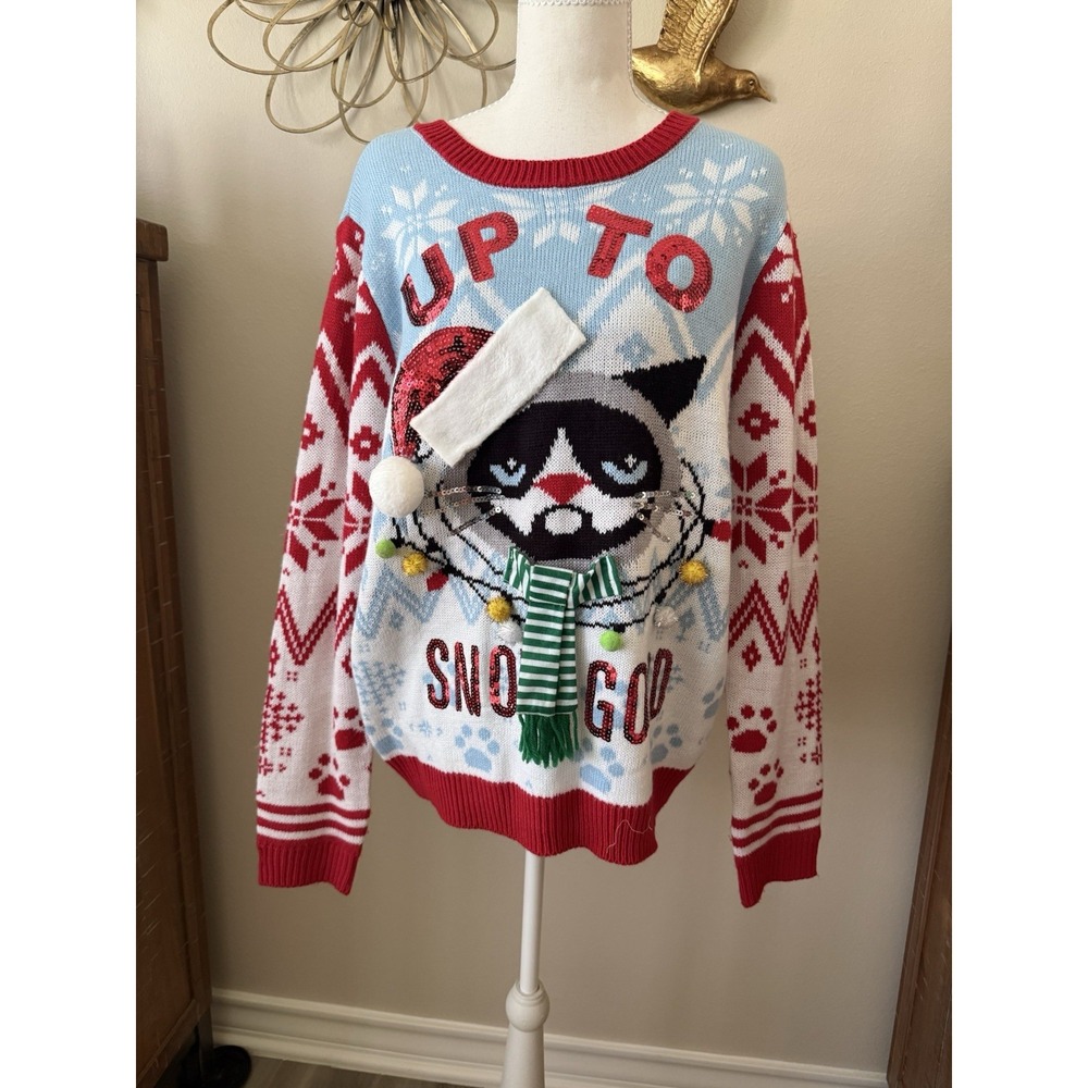 Grumpy Cat Ugly Christmas Sweater XL 15-17 Sequin 3D Up To Snow Good Holiday